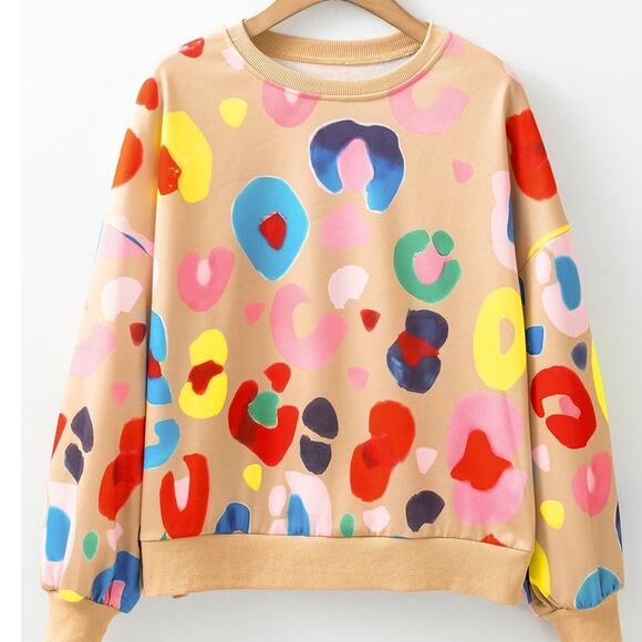 Khaki Multicolor Leopard Printed Drop Shoulder Pullover Sweatshirt Kawaii - Picture 5 of 8